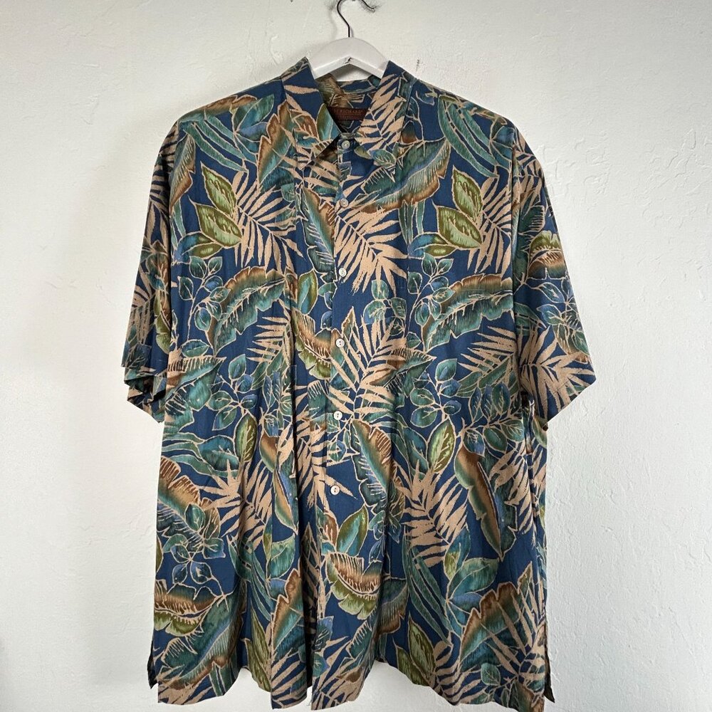 Tori Richard Honolulu Men Button-Up Hawaiian Shirt 2XL Blue Tropical Cotton Lawn